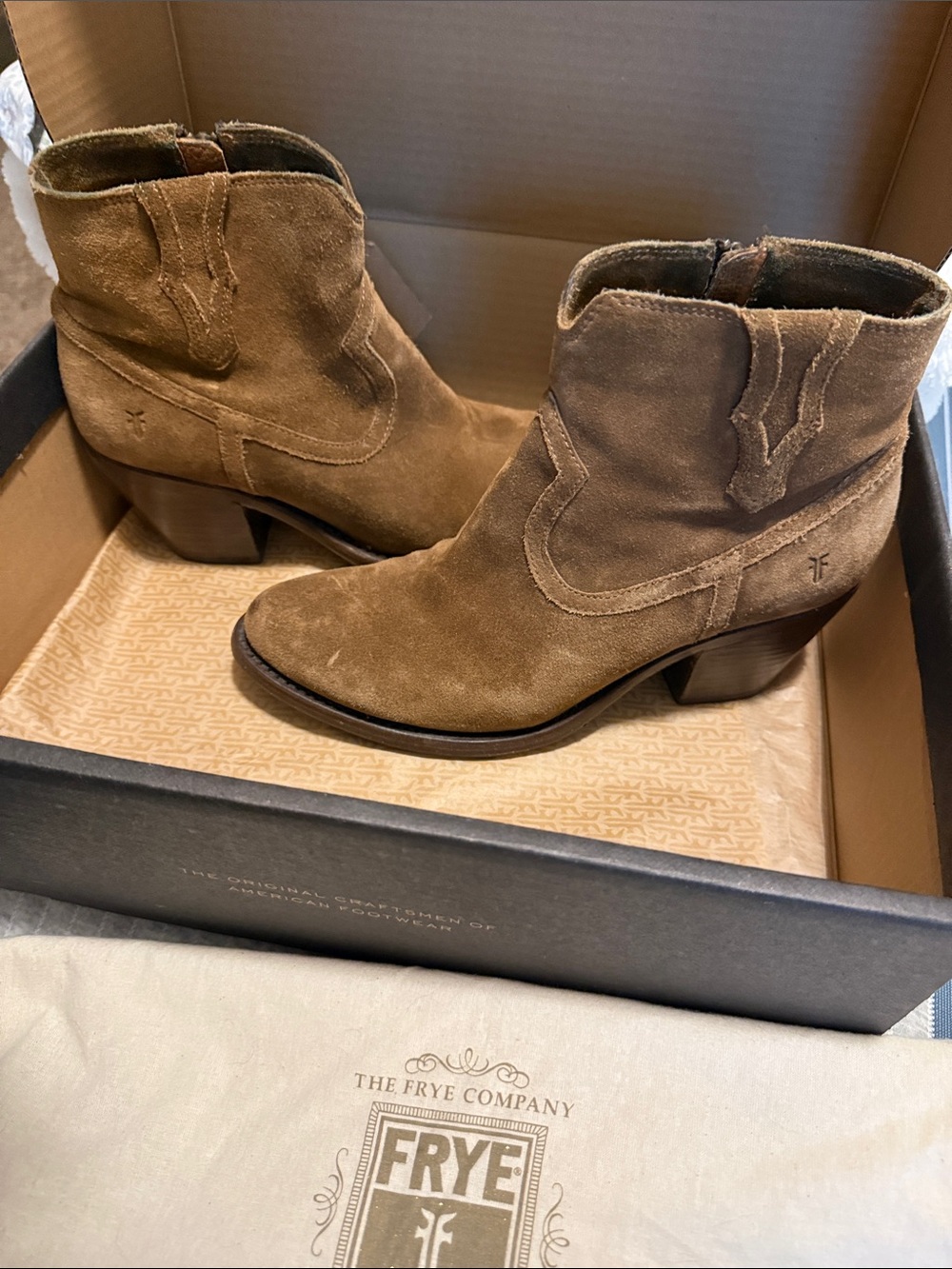 Frye Tan Suede Western Ankle Booties